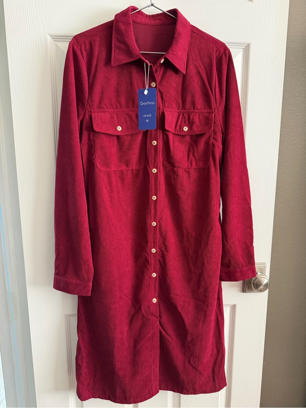 Chou Yatou Corduroy Long Sleeve Shirt Dress in Maroon/Deep Red with Pockets